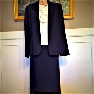 Jones Wear Navy Blue Polka Dots White Jabot Blouse Two Piece Business Suit Set